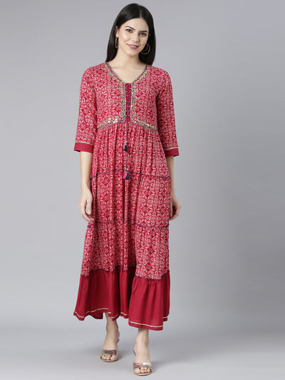 Neerus Pink Casual Floral Fit and Flare Dresses