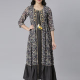 Neerus Grey Straight Casual Floral Dresses