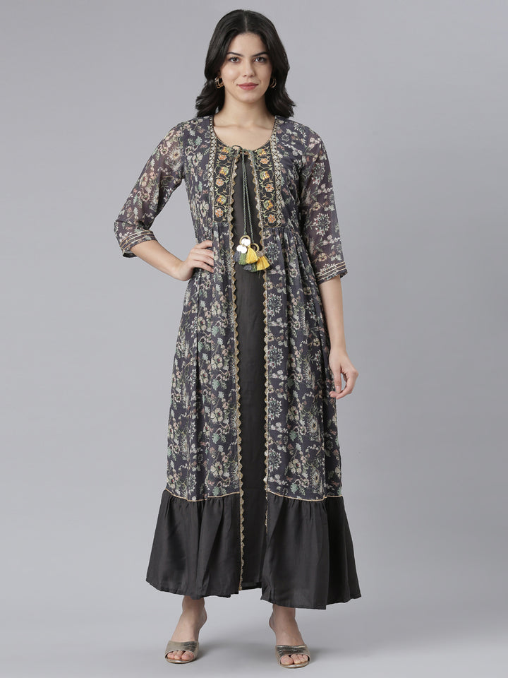 Neerus Grey Straight Casual Floral Dresses