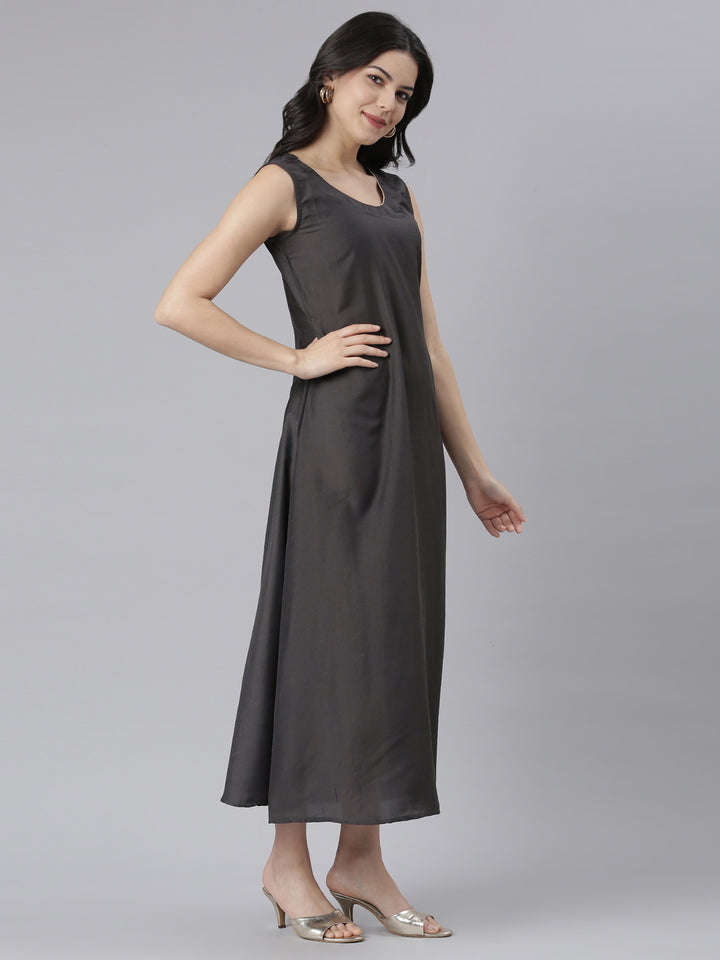 Neerus Grey Straight Casual Floral Dresses