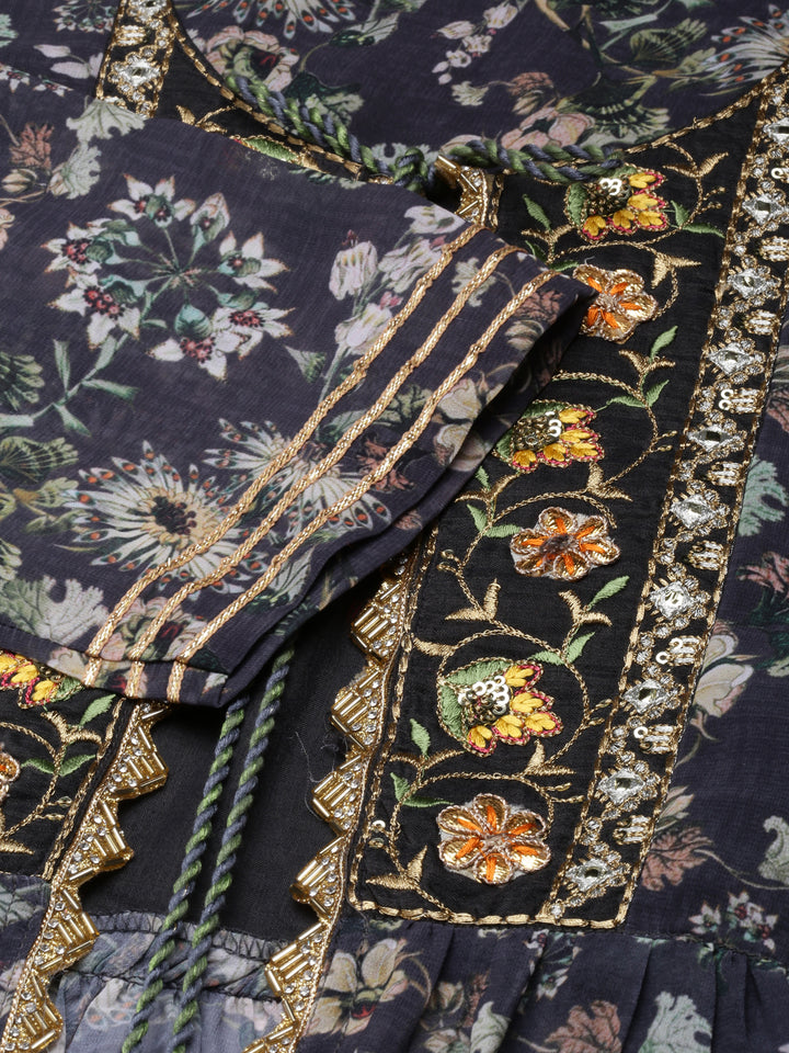 Neerus Grey Straight Casual Floral Dresses