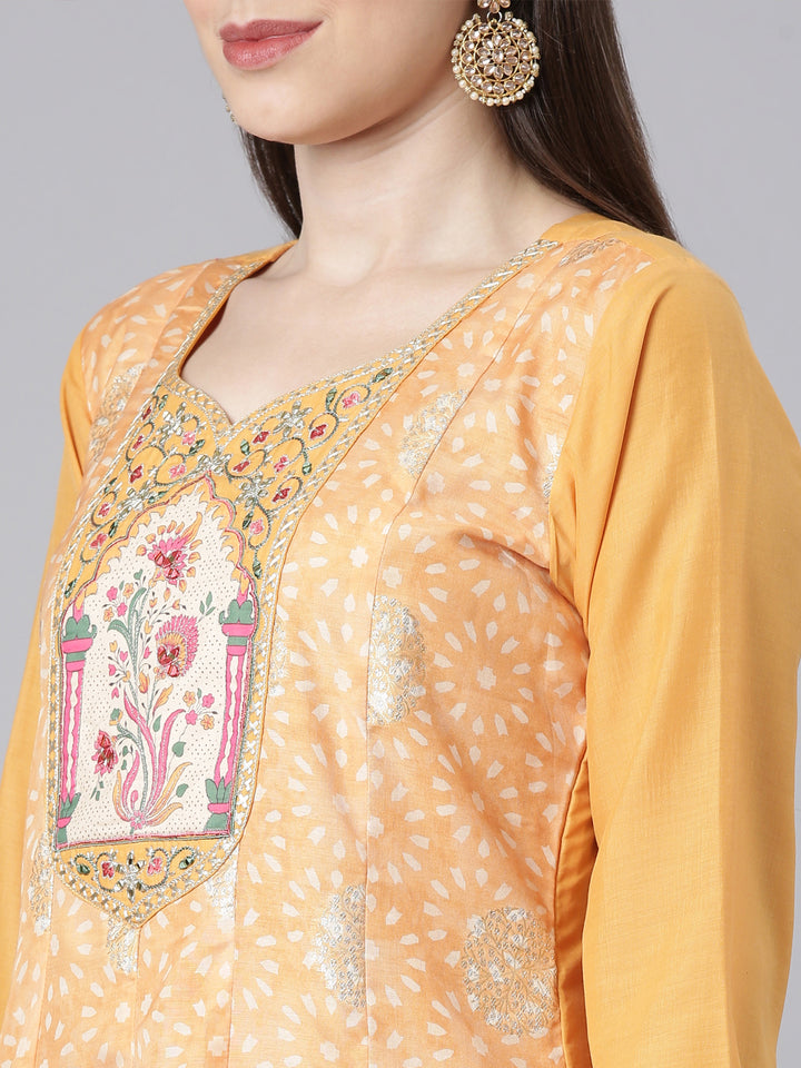 Neerus Yellow Curved Casual Embellished Dresses