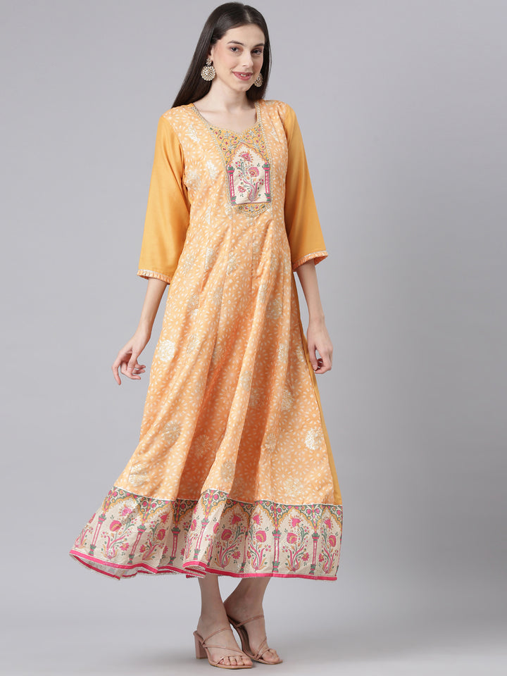 Neerus Yellow Curved Casual Embellished Dresses