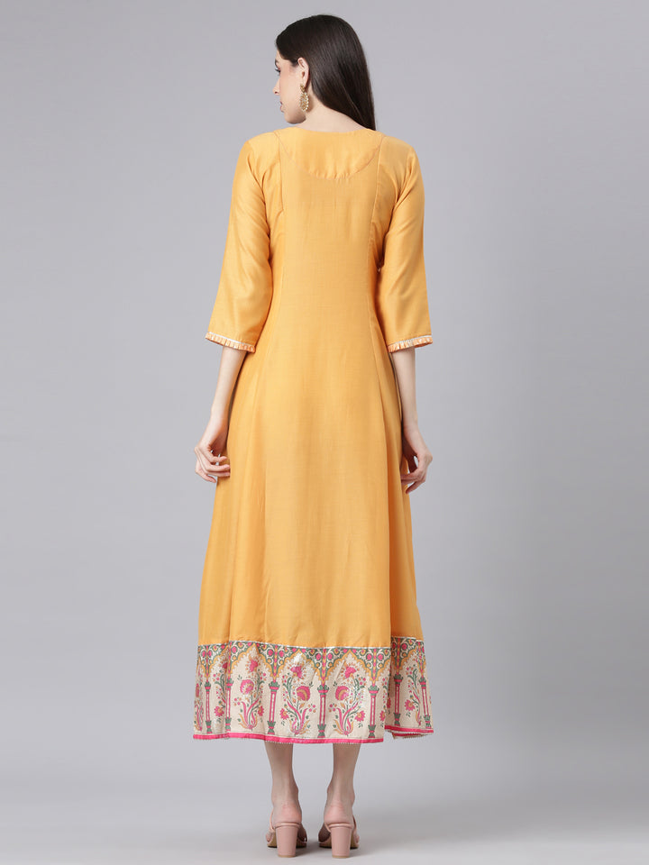 Neerus Yellow Curved Casual Embellished Dresses