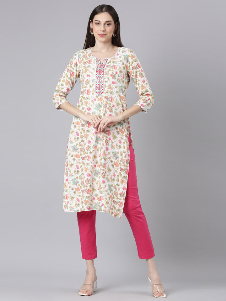 Neerus Off White Casual Floral Straight Kurtas