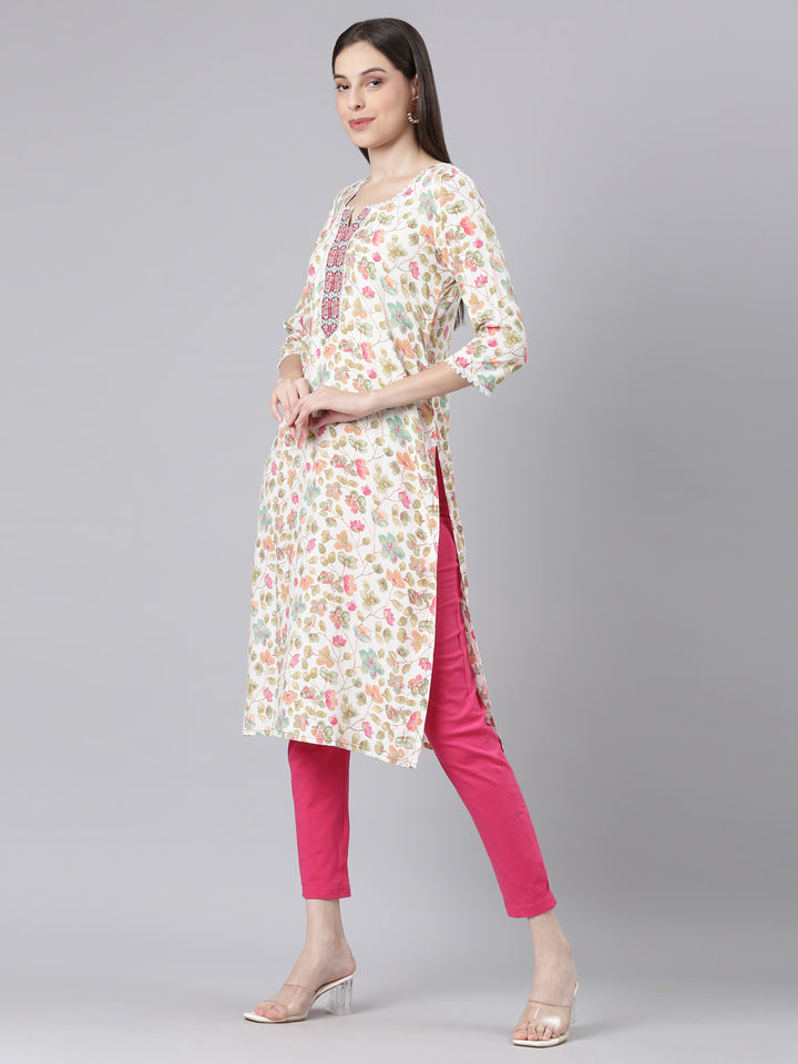 Neerus Off White Casual Floral Straight Kurtas