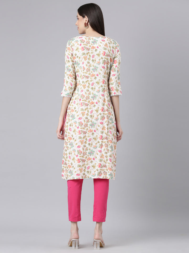 Neerus Off White Casual Floral Straight Kurtas
