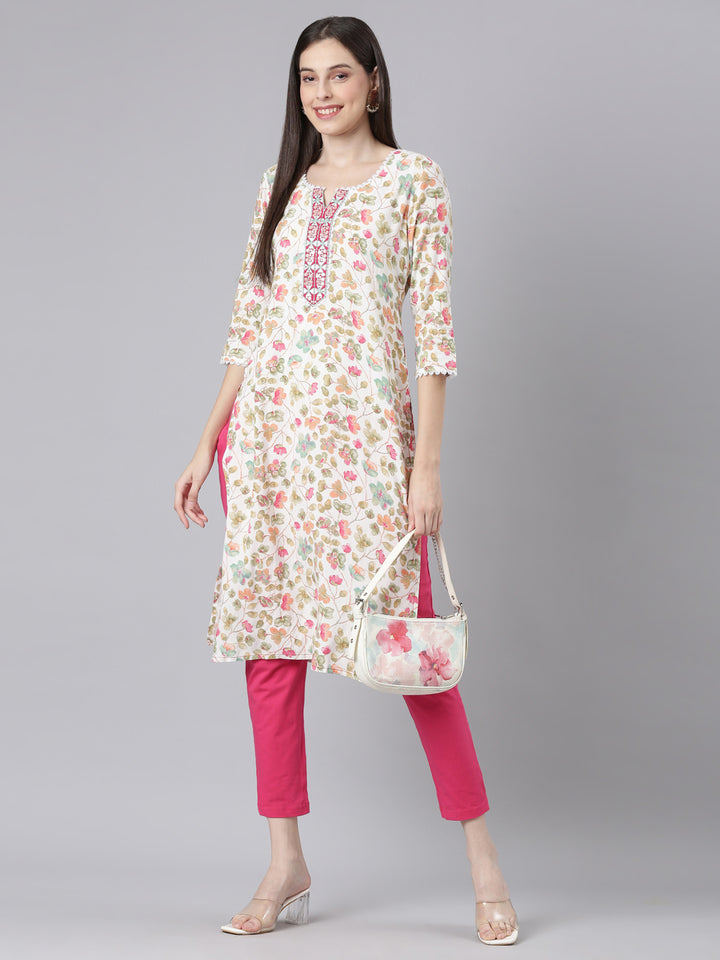 Neerus Off White Casual Floral Straight Kurtas