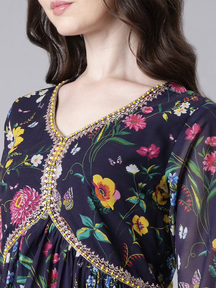 Neerus Navy Blue Curved Casual Floral Dresses