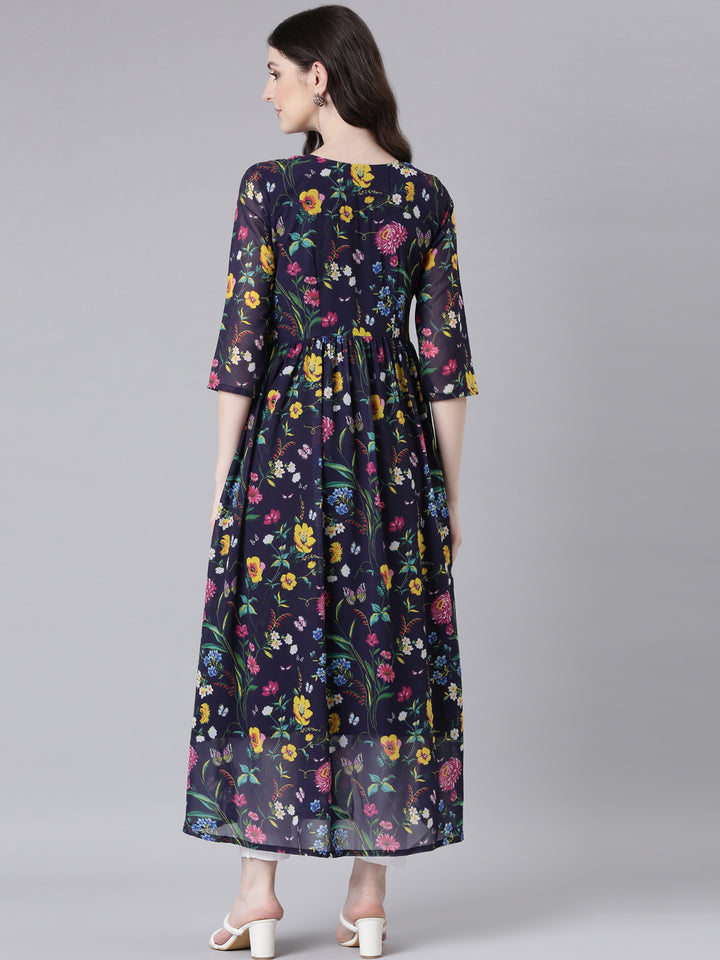 Neerus Navy Blue Curved Casual Floral Dresses