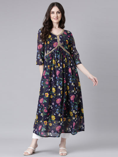 Neerus Navy Blue Curved Casual Floral Dresses