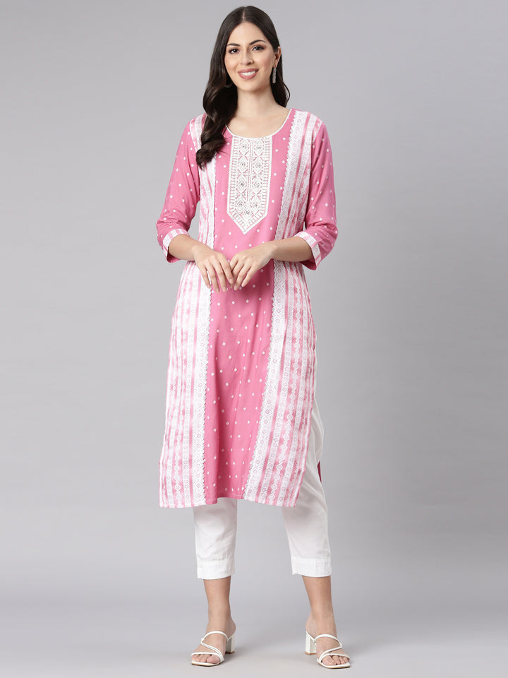 Neerus Pink Casual Solid Straight Kurtas