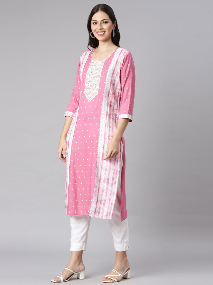 Neerus Pink Casual Solid Straight Kurtas