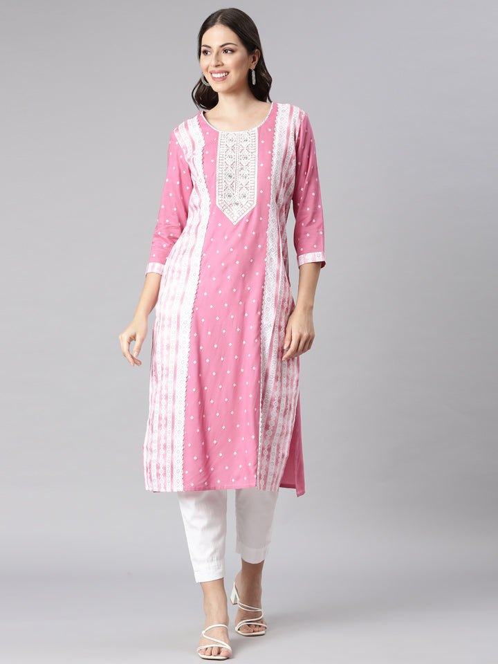 Neerus Pink Casual Solid Straight Kurtas