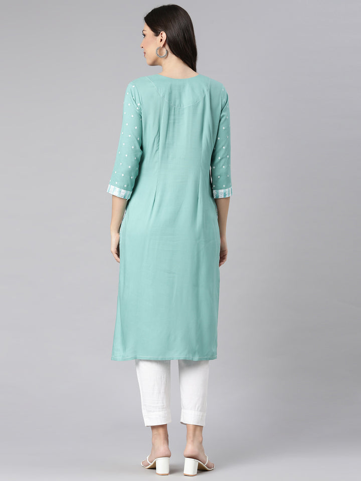 Neerus Sea Green Casual Solid Straight Kurtas