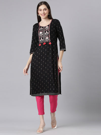 Neerus Black Casual Embellished Straight Kurtas
