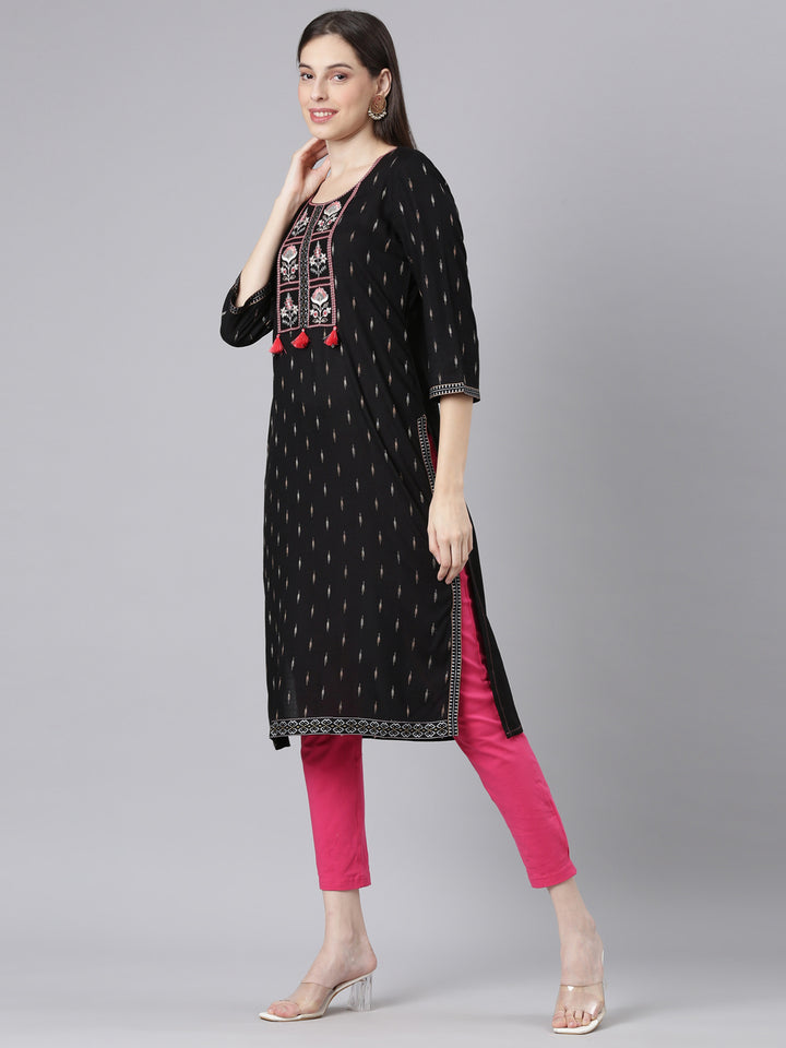 Neerus Black Casual Embellished Straight Kurtas