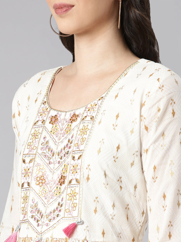 Neerus Off White Curved Casual Floral Dresses