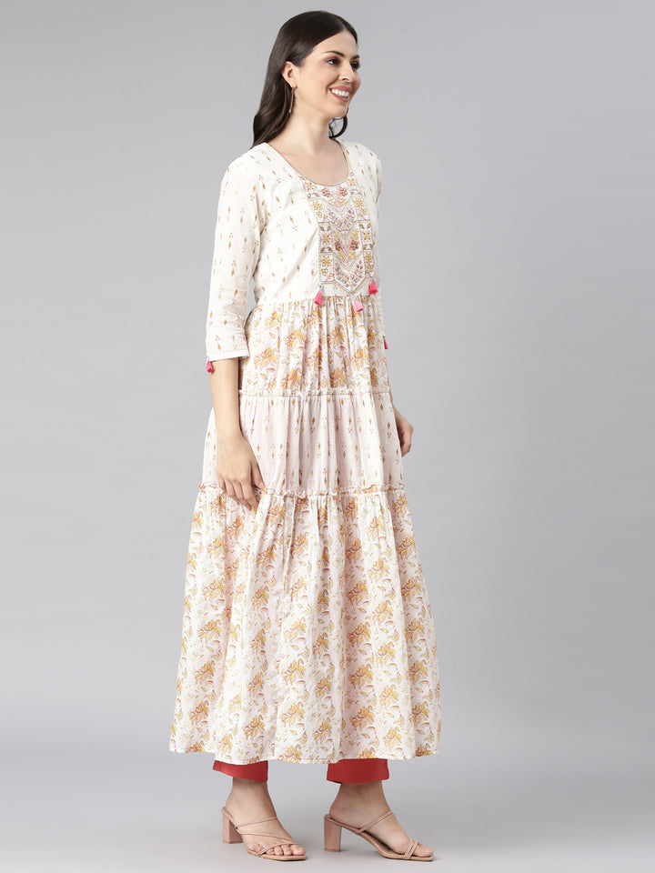 Neerus Off White Curved Casual Floral Dresses