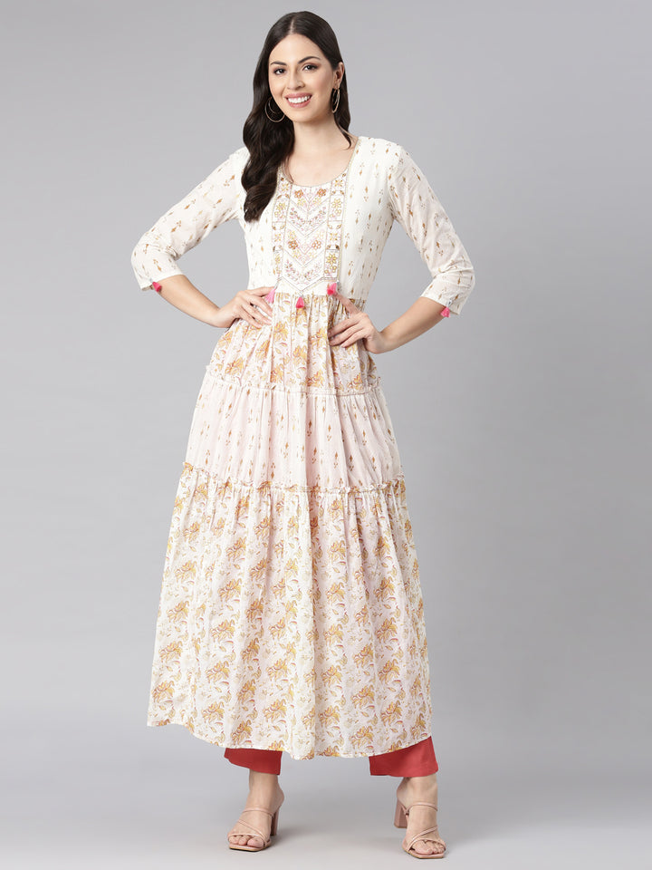 Neerus Off White Curved Casual Floral Dresses