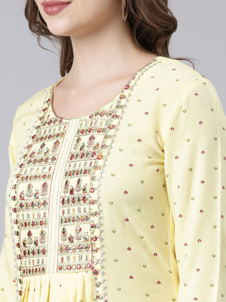 Neerus Yellow Panelled Anarkali Floral Kurtas