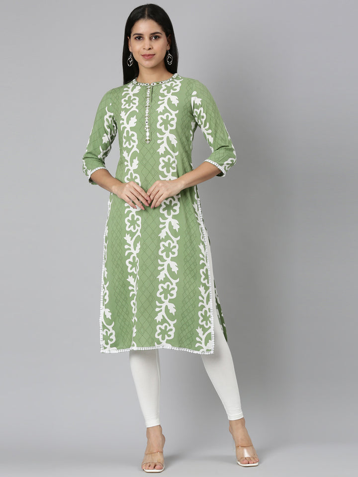 Neerus Green Straight Casual Floral Straight Kurtas