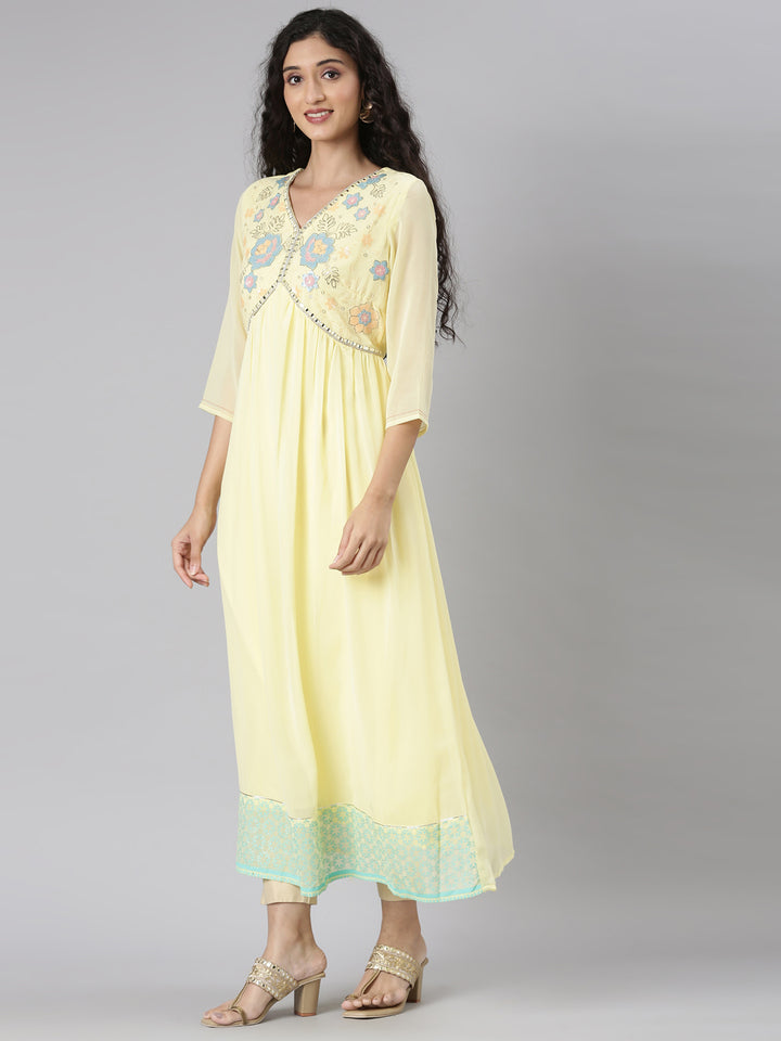 Neerus Yellow Straight Casual Floral Maxi Dresses