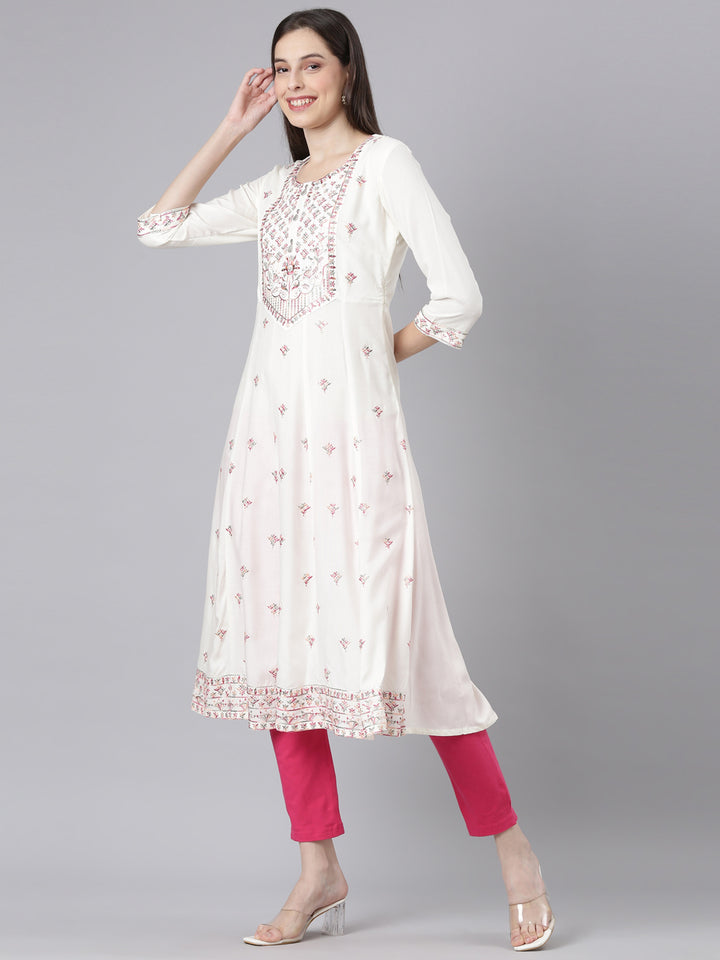 Neerus Cream Casual Solid Anarkali Kurtas
