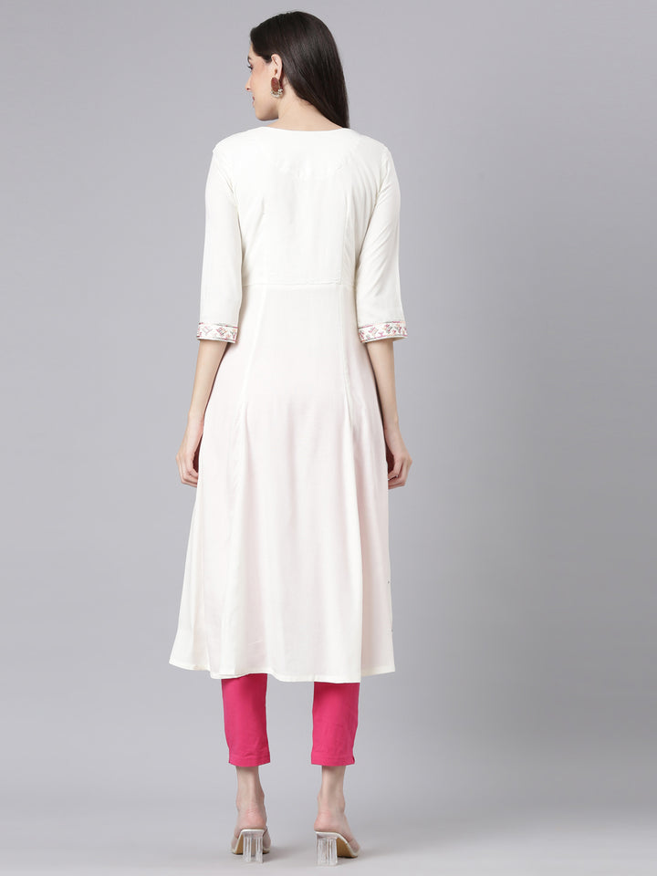 Neerus Cream Casual Solid Anarkali Kurtas