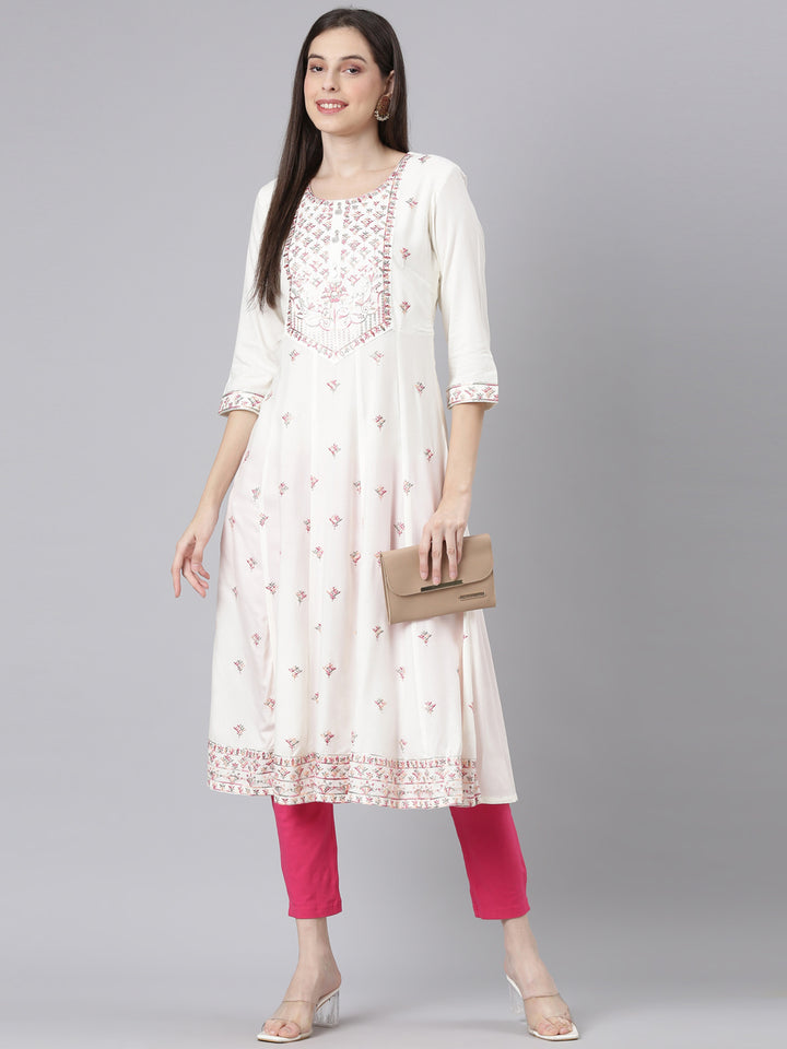 Neerus Cream Casual Solid Anarkali Kurtas