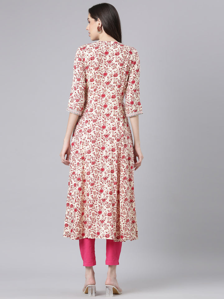 Neerus Cream Straight Casual Floral Dresses