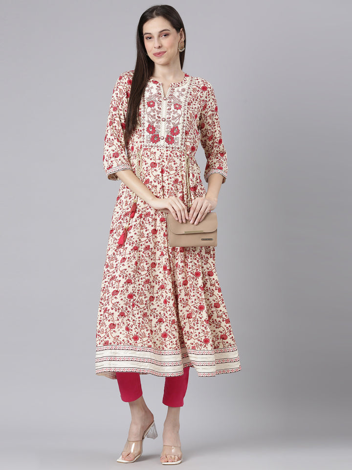 Neerus Cream Straight Casual Floral Dresses