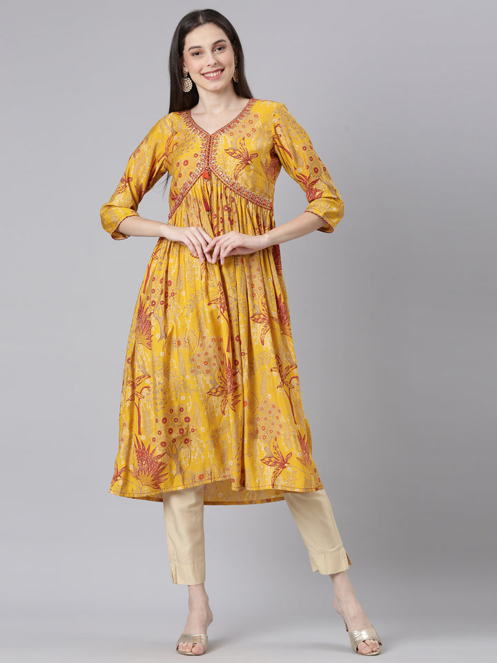 Neerus Mustard Casual Floral Anarkali Kurtas