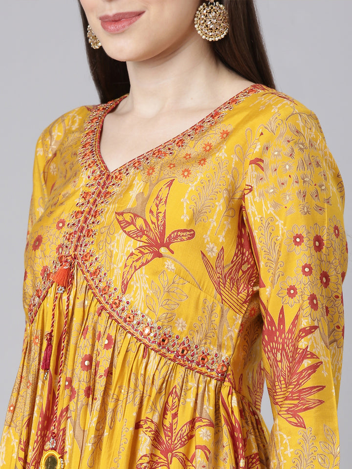 Neerus Mustard Casual Floral Anarkali Kurtas