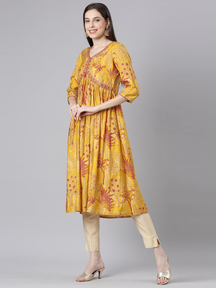 Neerus Mustard Casual Floral Anarkali Kurtas