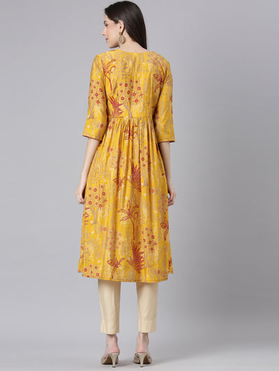 Neerus Mustard Casual Floral Anarkali Kurtas