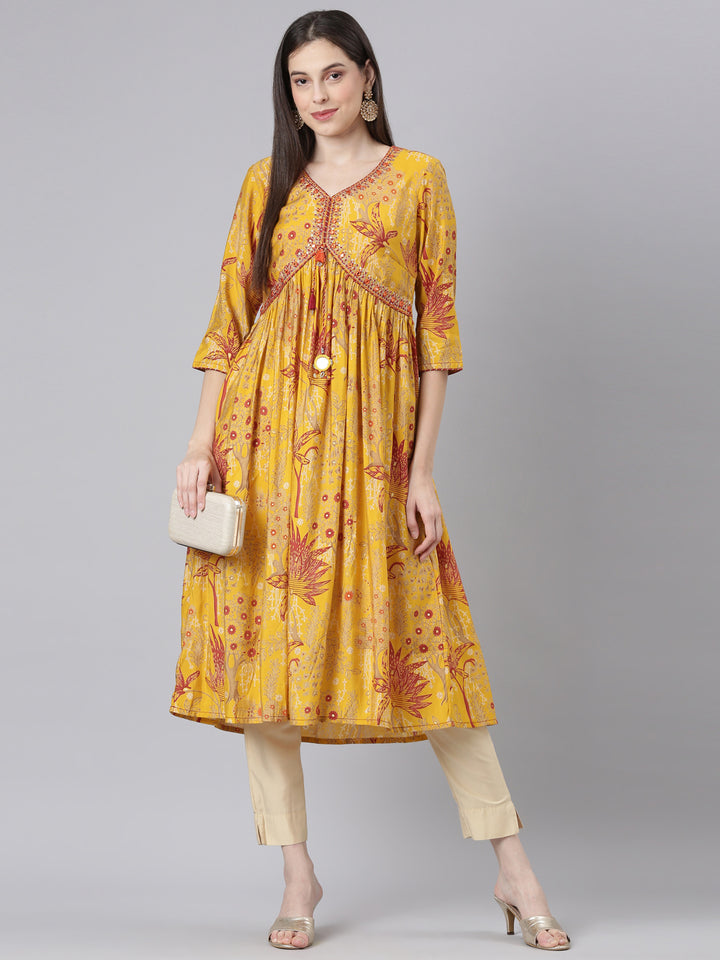 Neerus Mustard Casual Floral Anarkali Kurtas