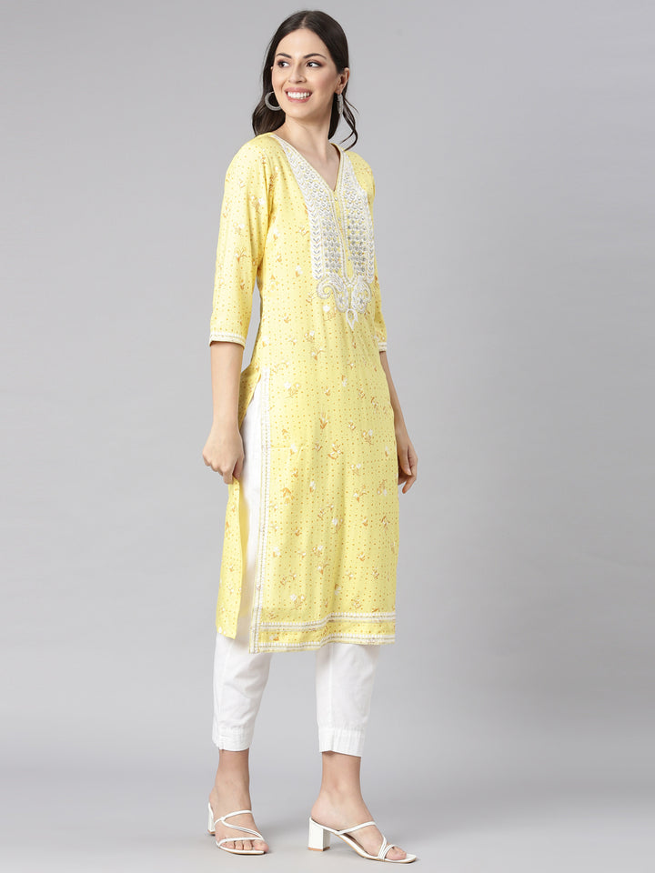 Neerus Yellow Casual Floral Straight Kurtas