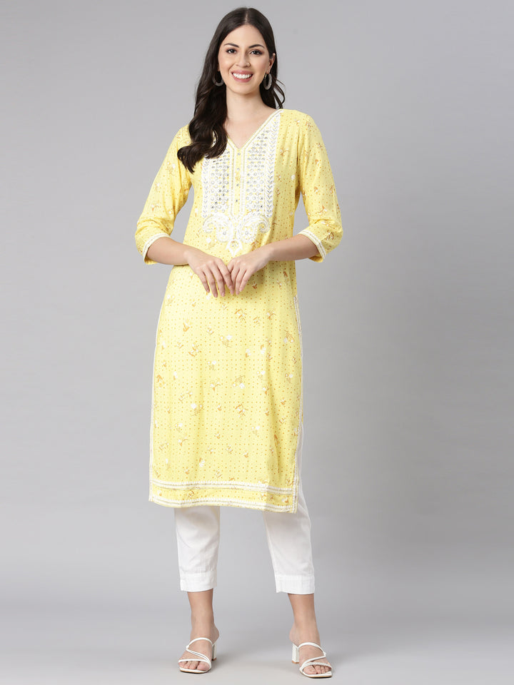 Neerus Yellow Casual Floral Straight Kurtas