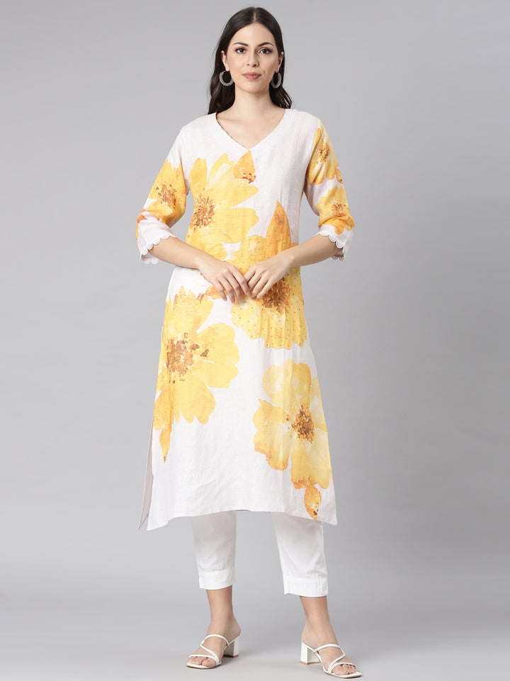 Neerus Yellow Casual Floral Straight Kurtas
