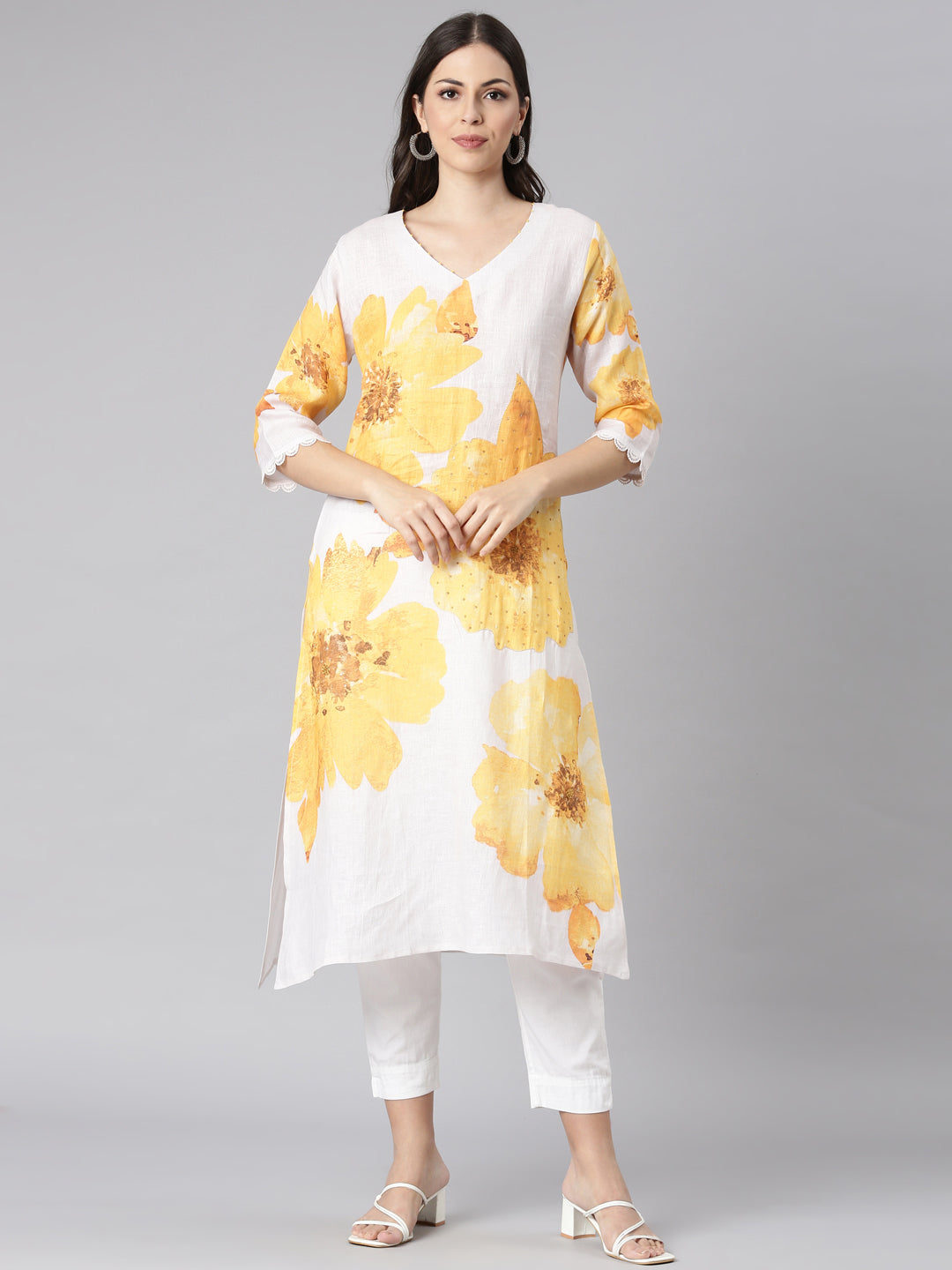 Neerus Yellow Casual Floral Straight Kurtas