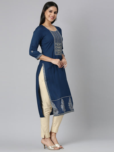 Neerus Blue Straight Casual Solid Straight Kurtas