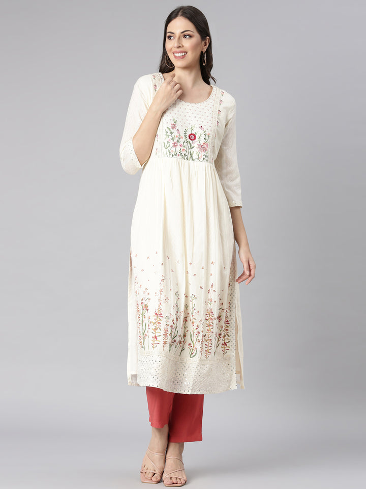 Neerus Cream Casual Solid Straight Kurtas