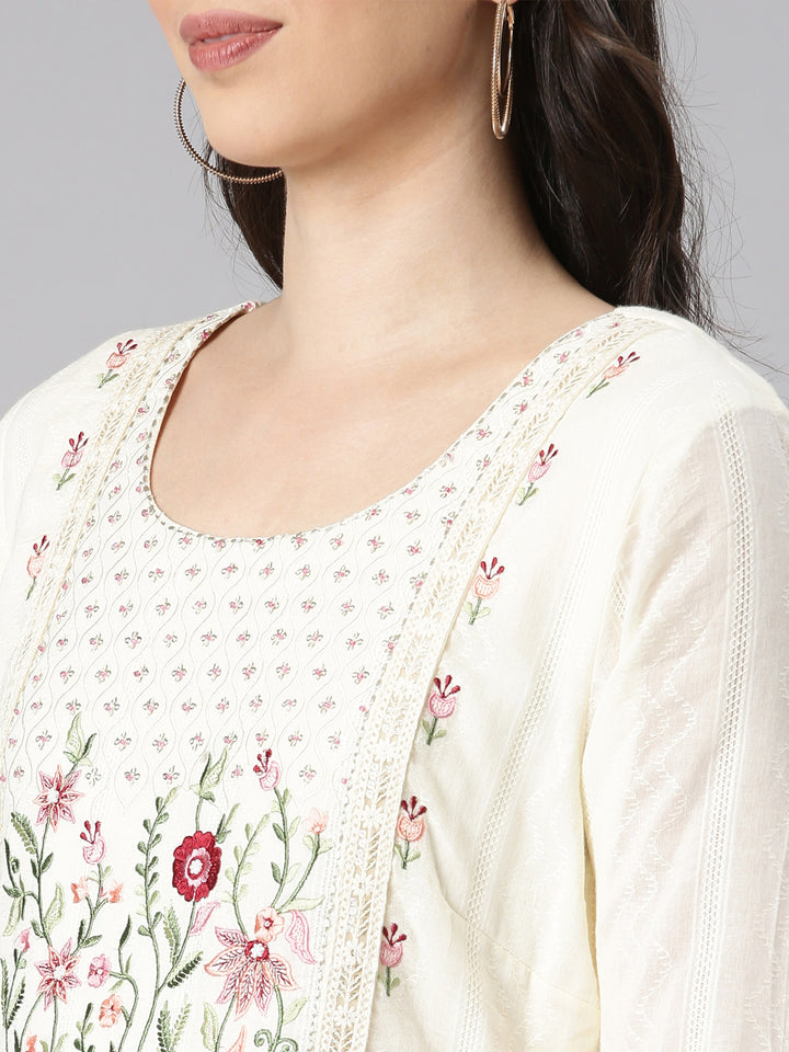 Neerus Cream Casual Solid Straight Kurtas
