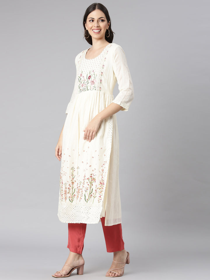 Neerus Cream Casual Solid Straight Kurtas