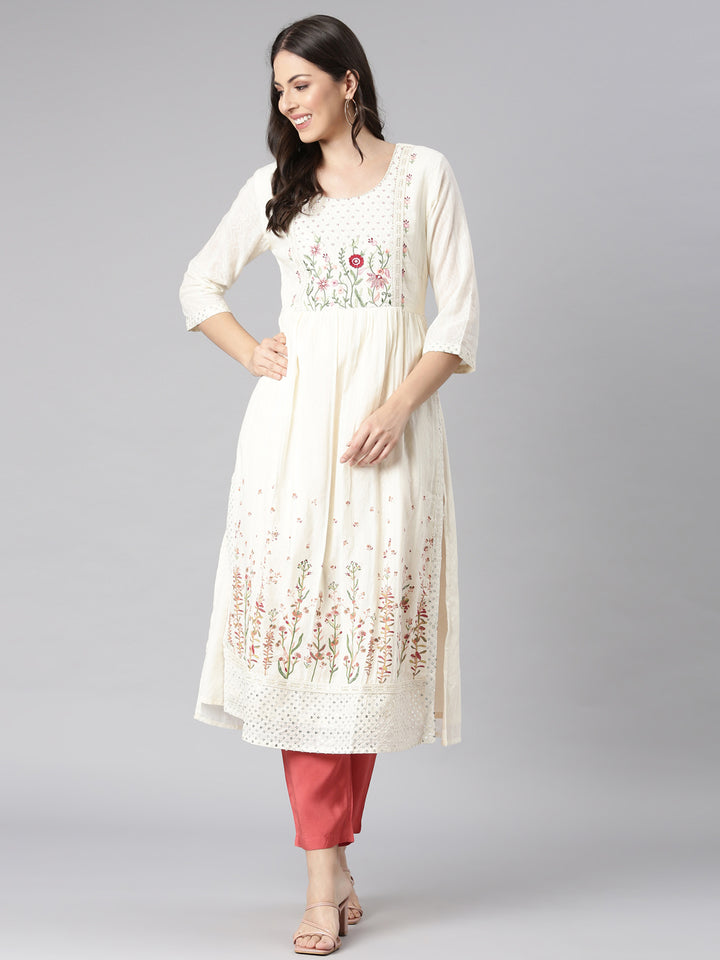 Neerus Cream Casual Solid Straight Kurtas