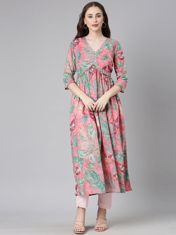 Neerus Pink Casual Floral Maxi Dresses