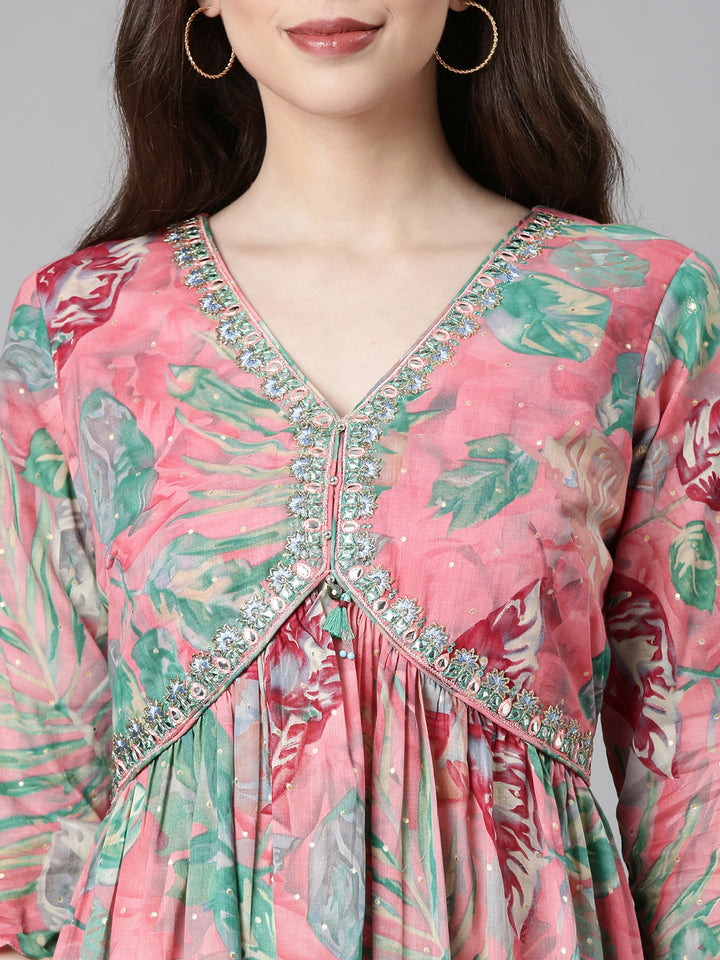 Neerus Pink Casual Floral Maxi Dresses