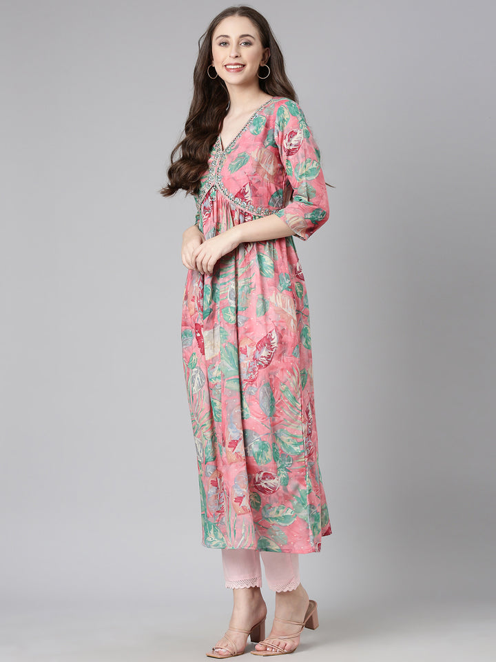 Neerus Pink Casual Floral Maxi Dresses