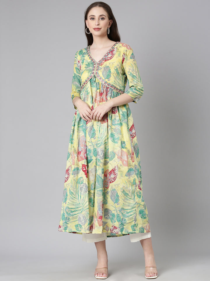 Neerus Yellow Casual Floral Maxi Dresses